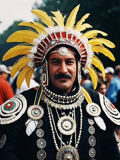 Man Wearing Traditional Festival Costume with Feathered Headdress