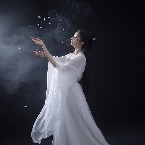 Photograph of a woman in a flowing white dress, ethereal, arms raised, surrounded by floating petals, against a dark, smoky background.