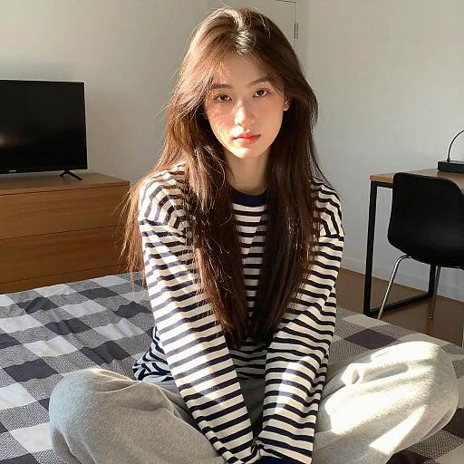 Young Woman Sitting on Bed in Sunlight