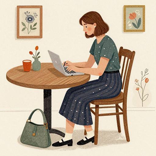 Illustration of a brown-haired woman in a green polka-dot top and navy skirt, typing on a laptop at a wooden table, with a flower