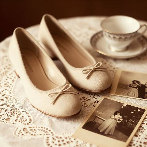 Vintage photograph of beige satin ballet shoes with bows, beside a lace-covered table, an antique teacup, and a black-and-white wedding photo.