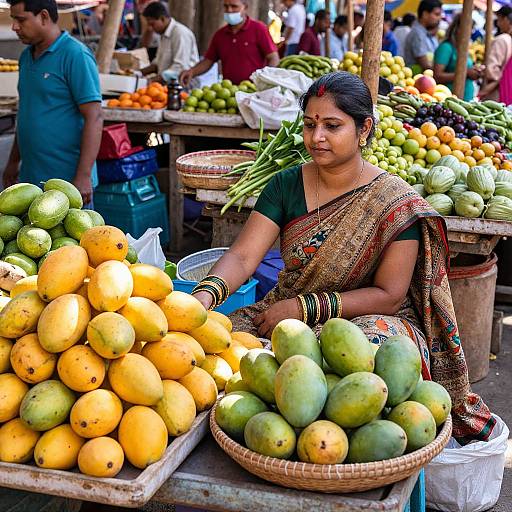 Photograph of an Indian woman in a colorful saree, selling green and yellow mangoes at a busy market stall, surrounded by vibrant fruits and people