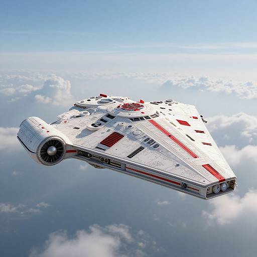 Photorealistic CGI of a white and red Star Wars X-wing fighter ship flying above a cloud-covered sky. Bright sunlight illuminates the spaceship.
