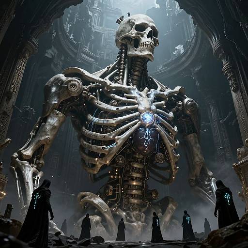 CGI artwork of a towering, skeletal, cybernetic creature with glowing blue heart, standing in a dark, gothic cathedral, surrounded by sil