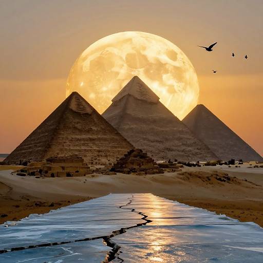 Photograph of three ancient Egyptian pyramids at sunset, with a large, glowing full moon behind, reflecting off a cracked, icy river in the foreground
