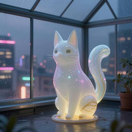 Glowing Porcelain Kitsune Sculpture in Greenhouse