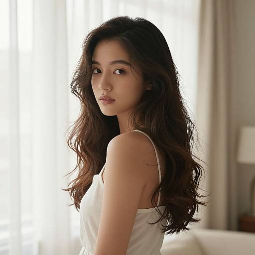 Photograph of a young Asian woman with long, wavy dark hair, wearing a white tank top, standing against bright window light.