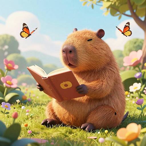 CGI illustration of a cute, chubby, brown hamster reading a book in a sunny, vibrant garden with colorful flowers and two butterflies.