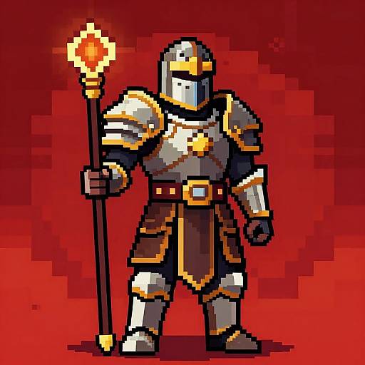Pixel art of a medieval knight in silver armor with golden accents, holding a glowing torch, against a red gradient background.