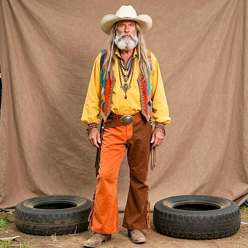 Elderly Man in Woodstock Hippie Cowboy Costume