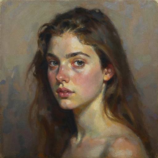 Impressionist-style painting of a young woman with long brown hair, pale skin, and expressive brown eyes, against a muted gray background.