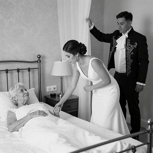 Bride and Groom Visiting Elderly Woman in Bedroom