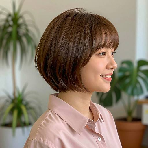 Young Woman Smiling in Profile with Bob Haircut