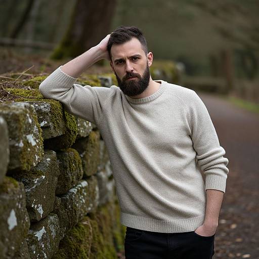 Photograph of a bearded man with dark hair, wearing a white sweater, standing beside a mossy stone wall on a forest path. He rests
