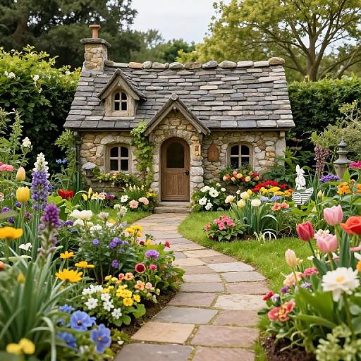 Photograph of a charming, stone cottage with a slate roof, surrounded by a vibrant, colorful flower garden with a stone path.