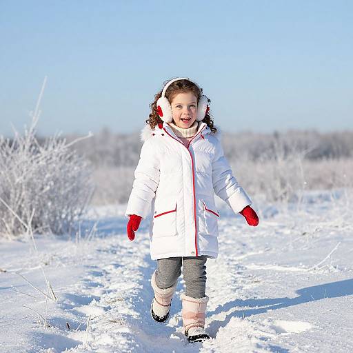 Photograph of a smiling young girl with curly brown hair, wearing a white winter coat, red mittens, and snow boots, walking in a snowy