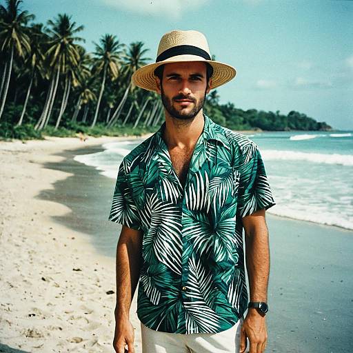 Photograph of a bearded man in a green tropical shirt with leaf patterns, white pants, and straw hat, standing on a sunny beach with palm