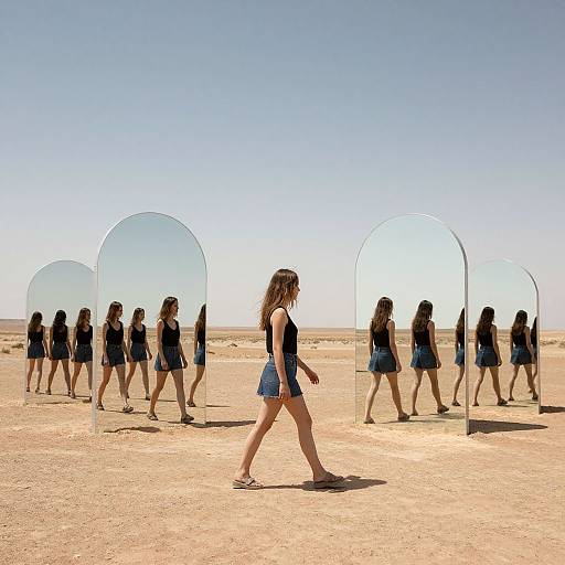 Photograph of a woman with long brown hair in a black tank top and blue skirt walking in a desert, surrounded by mirrored arches reflecting her repeated