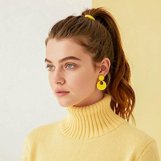 Young Woman in Yellow Turtleneck and Earrings