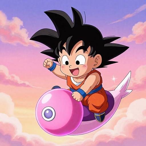 Anime-style digital drawing of Super Saiyan Baby Goku joyfully riding a pink, spherical Pokémon-like creature against a pastel sky.