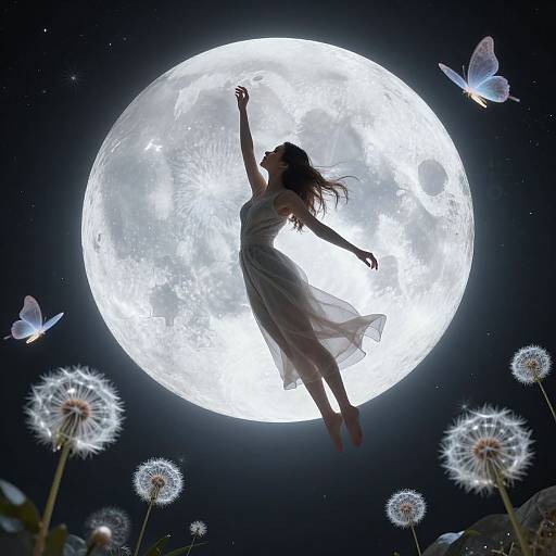 Silhouetted woman in flowing dress, arms raised, floating against a glowing full moon, surrounded by dandelions and ethereal butterflies in a