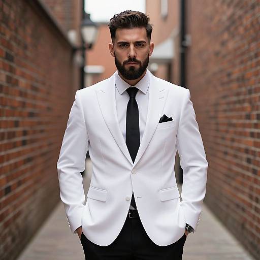 Photograph of a handsome, bearded man with dark hair, wearing a white suit, black tie, and black pants, standing confidently in a narrow