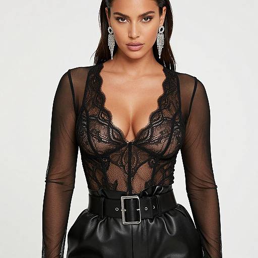 Photograph of a confident woman with medium brown skin, wearing a black lace, deep V-neck top, sheer long sleeves, black leather pants, and