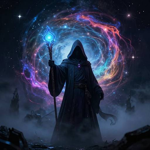 Mysterious hooded figure holding glowing blue orb, surrounded by swirling cosmic colors and stars in a dark, misty landscape. Digital art.
