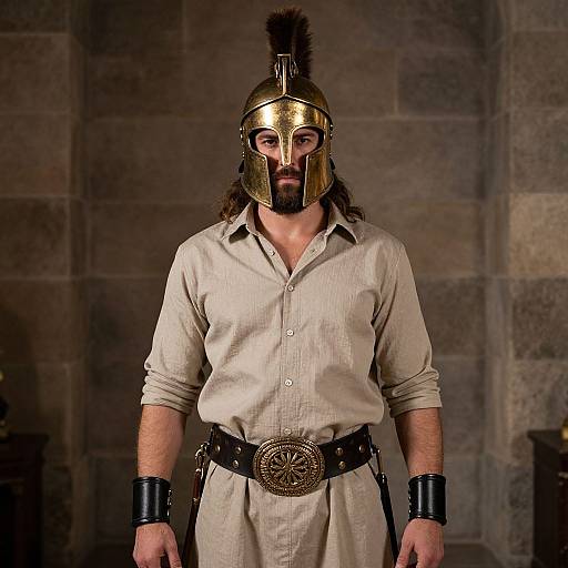 Photograph of a muscular man with long brown hair and beard, wearing a gold Greek helmet with a black plume, beige shirt, and black leather
