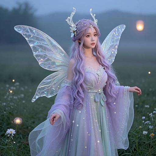 Digital fantasy portrait of a fair-skinned, lavender-haired fairy woman with glowing wings, wearing a translucent, sparkling dress, in a twilight meadow.