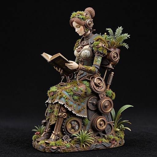 Photorealistic CGI of a steampunk woman, adorned with gears and foliage, reading a book, standing on a mossy base.