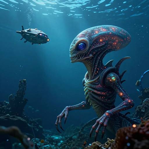 Digital artwork of a bioluminescent alien with glowing eyes and intricate patterns, swimming underwater beside a futuristic submarine, surrounded by coral and marine life.