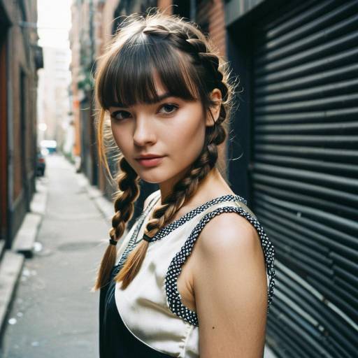 Young woman with braided bangs in city alley