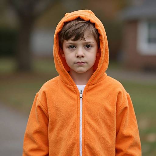 Photograph of a serious young boy with short brown hair, wearing an orange hooded fleece jacket, standing outdoors with a blurred suburban background.