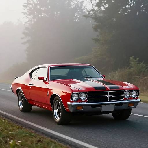 Photograph of a shiny red 1970s muscle car with black stripes, chrome grille, and four round headlights driving on a foggy, tree