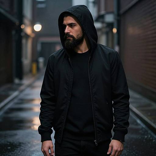 Photograph of a bearded man with a serious expression, wearing a black hooded jacket and black shirt, standing in a wet, narrow urban alley