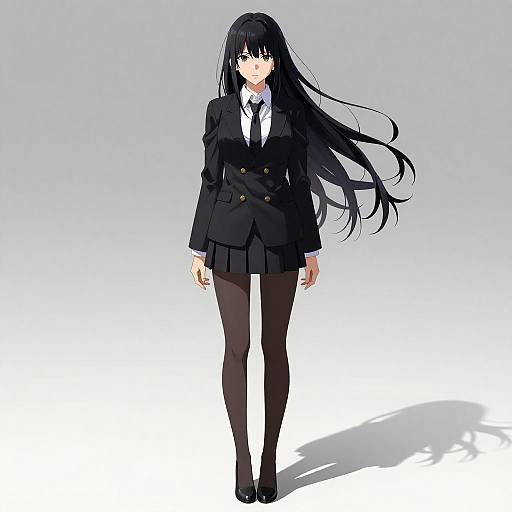 Digital anime-style drawing of a black-haired girl in a black blazer, white shirt, tie, black skirt, and black tights, standing against