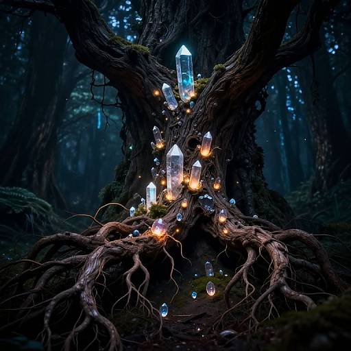 Photograph of a mystical forest scene with glowing crystal lanterns and orbs hanging from a gnarled, moss-covered tree in a dark, enchanting