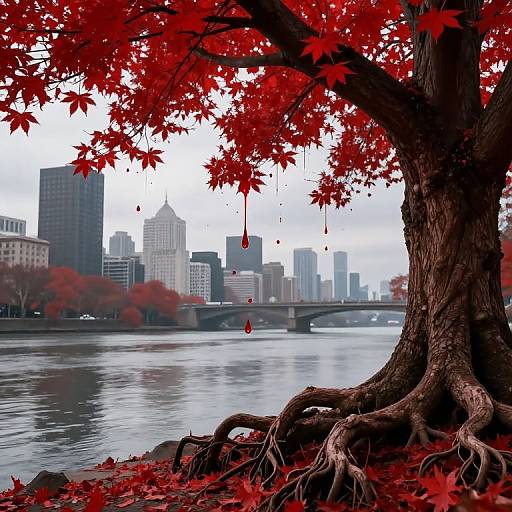 Photograph: Red autumn leaves from a large tree hang over a river, with a city skyline featuring tall buildings in the background.