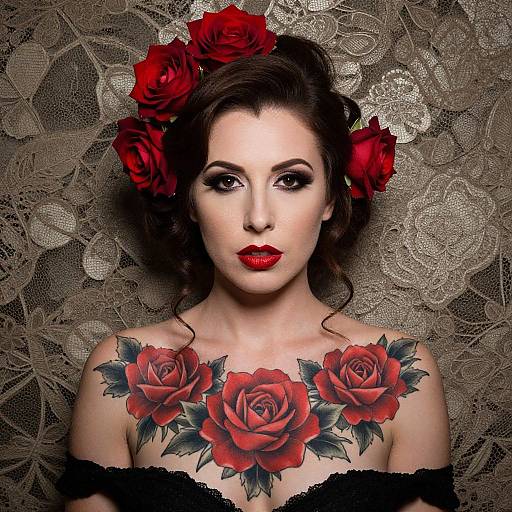 Elegant Woman with Red Rose Tattoos