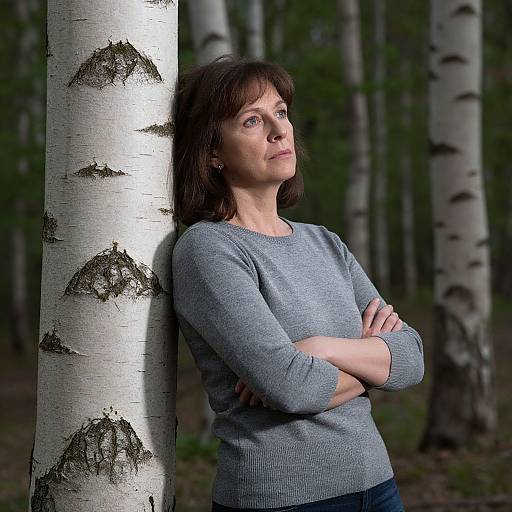 Photograph of a middle-aged woman with light skin, brown hair, and blue eyes, leaning against a birch tree, wearing a gray sweater,