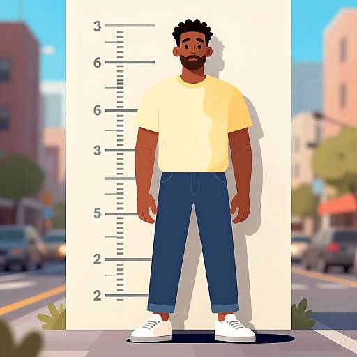 Digital cartoon of a tall, dark-skinned man with curly hair, beard, yellow shirt, blue jeans, white sneakers, standing on city street.