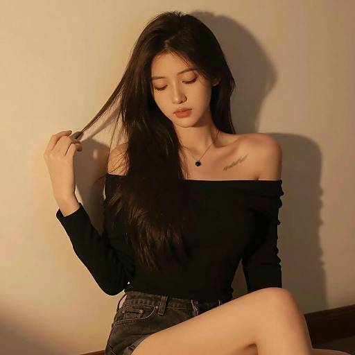 Young Woman in Off-Shoulder Top with Warm Lighting