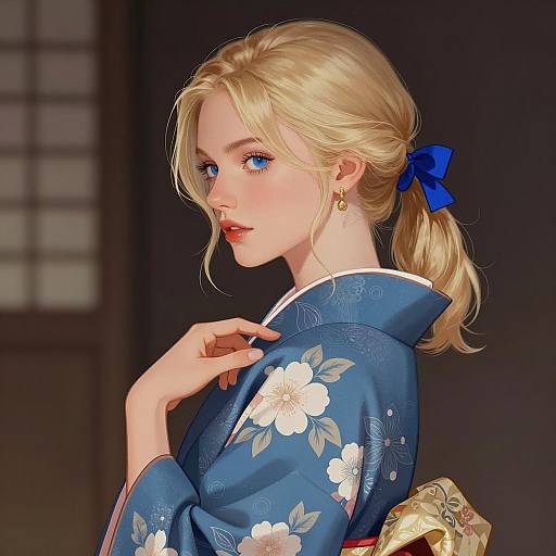 Elegant Blonde Woman in Floral Kimono