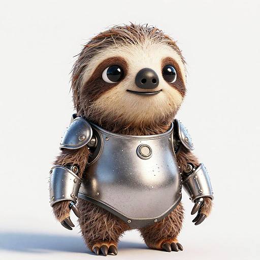 CGI image of a cute, fluffy, brown and white baby sloth wearing shiny, metallic armor with large, round, black eyes and a small