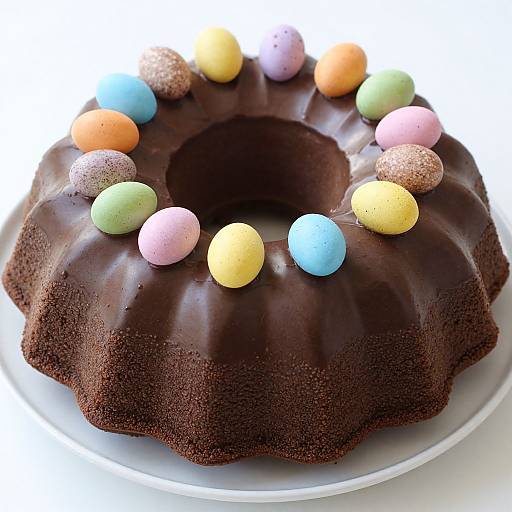 Photograph of a dark chocolate bundt cake with glossy icing, topped with colorful Easter eggs, on a clear plate.