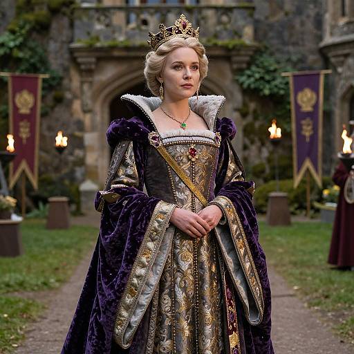 Photograph of a blonde queen in an ornate, gold-embroidered purple gown with fur trim, wearing a gold crown, standing in a