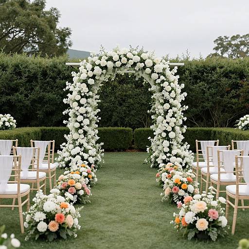 Photograph of a wedding arch adorned with white flowers and pink/orange roses, flanked by white chairs on green lawn.