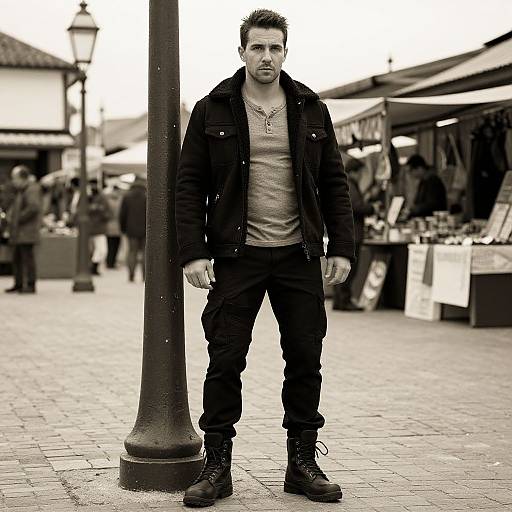 Black-and-white photograph of a serious, bearded man in a dark jacket, gray shirt, black pants, and boots, standing on a cobble