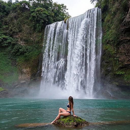 Photograph of a woman in a black bikini sitting on a mossy rock at the base of a tall, cascading waterfall surrounded by lush greenery